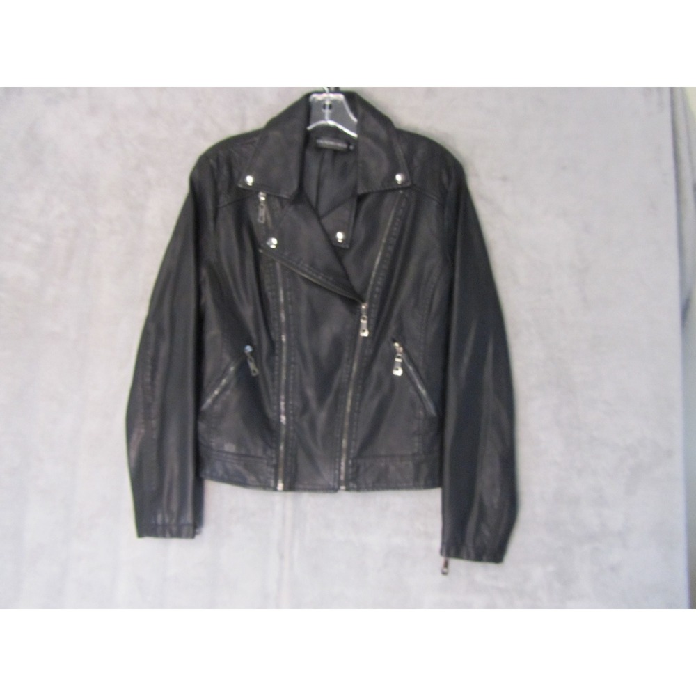 Tanming‎ Womens Black Faux Leather Moto Biker Jacket Quilted Shoulder Size M